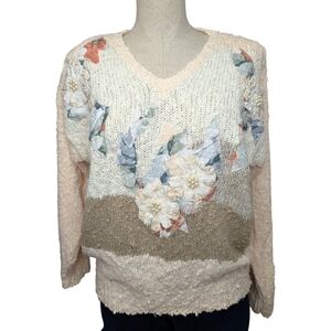 Vintage Jessica Floral Appliqué Knit Sweater Size 38 Cottagecore Boho